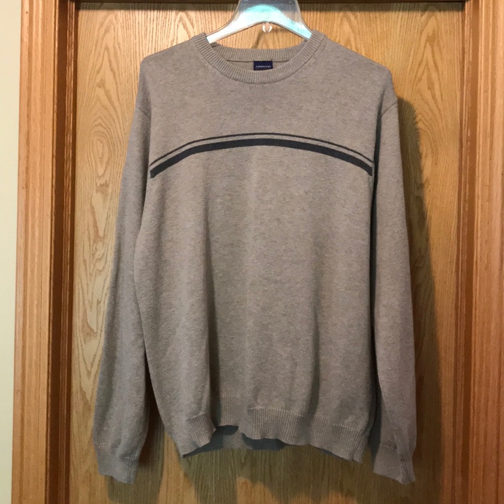 Arrow Large men’s soft knit taupe gray cotton crew neck sweater accent stripe